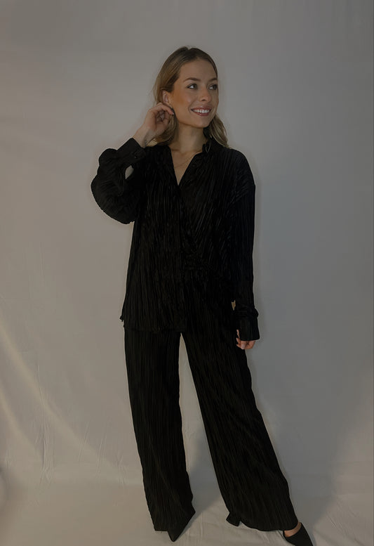 Black Pleated Satin Set